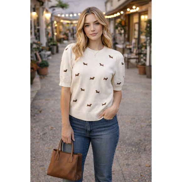 Calligraphie Tops - New Cream CALLIGRAPHIE Dachshund Weiner Polyester Dog Mid Sleeve Shirt Sweater